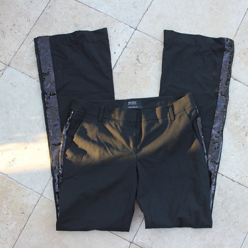 Body by Victoria Black Tuxedo Sequin Stripe on Side Dressy Pants The Kate Fit